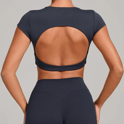 Hollow Backless Short Sleeve Sporty Slim T-shirt Women Crop Top Breathable Quick Dry Gym Workout Top Sport Shirt Fitness Clothes