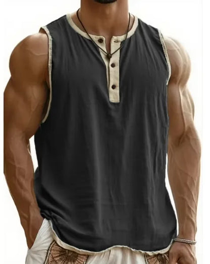 Summer 2025 Men's Fashion Cotton Sleeveless Fitness Casual Vest Color Block Trendy Button Decorated Loose Fit Sweat Wicking