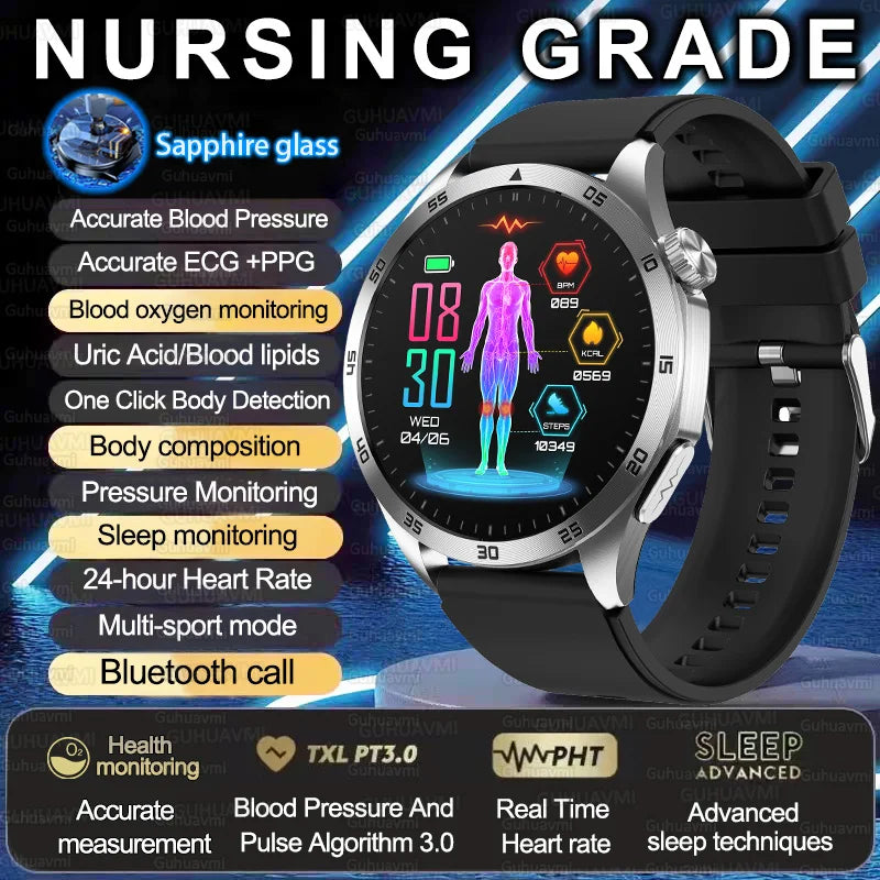 2025 New Nursing Grade Smart Watch ECG+PPG Blood Lipid Blood pressure Uric Acid HD Bluetooth Call Clock Health Smart Watch Men