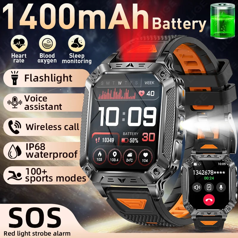 LIGE 1400mAh Large Capacity Battery Smart Watch Men Outdoor SOS Flashlight IP68 Sports Fitness Tracker Voice Calling Smartwatch