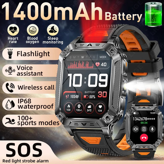 LIGE 1400mAh Large Capacity Battery Smart Watch Men Outdoor SOS Flashlight IP68 Sports Fitness Tracker Voice Calling Smartwatch