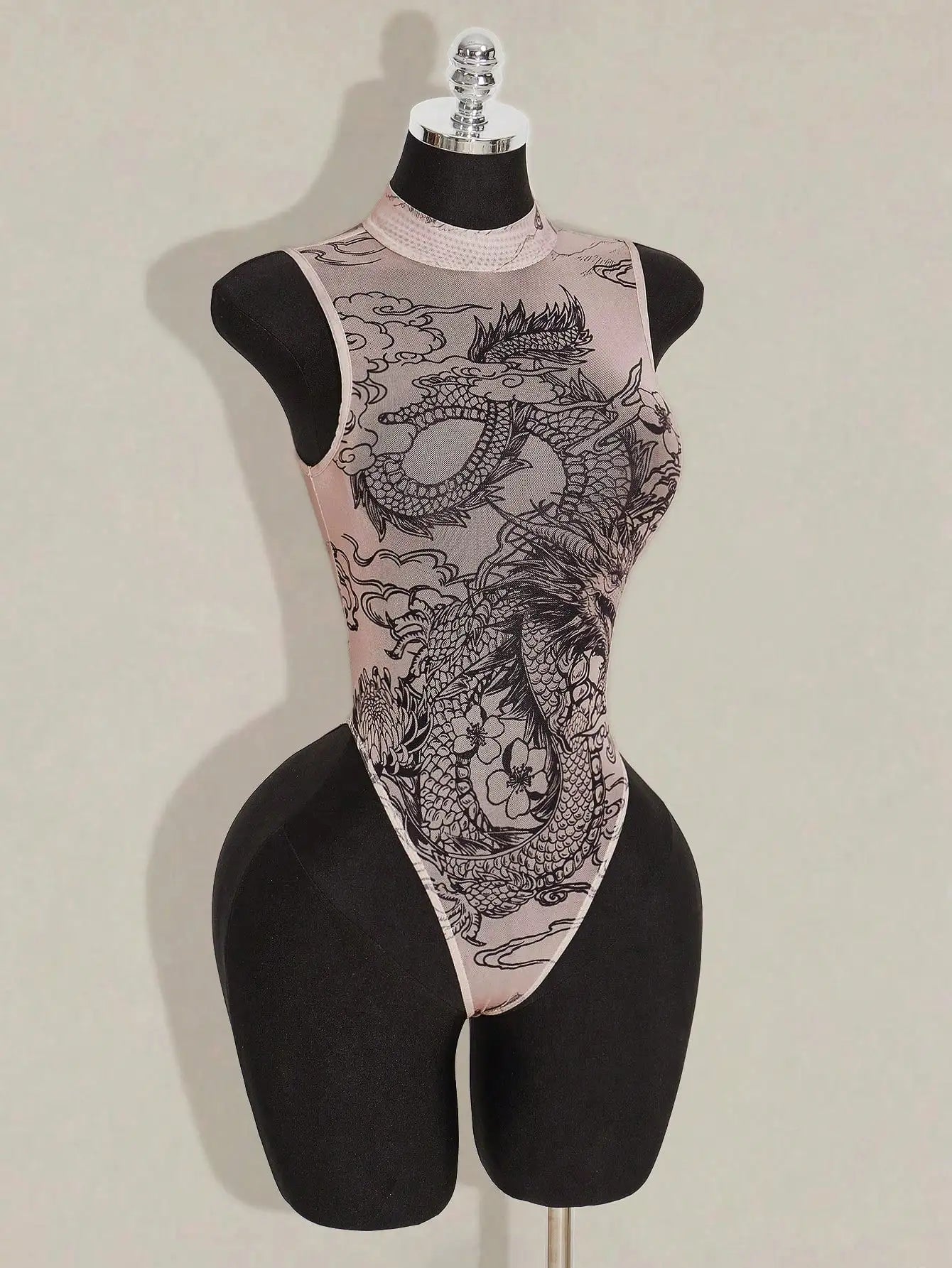 Sheer Mesh Bodysuit with Asian-Inspired Dragon & Floral Print, High Neck, Nude Tone