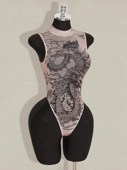 Sheer Mesh Bodysuit with Asian-Inspired Dragon & Floral Print, High Neck, Nude Tone