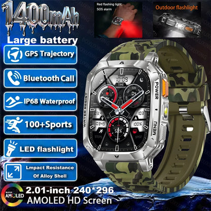 Outdoor military Smart Watch 1400mAh Battery Fitness Tracking 10ATM Waterproof Tactical Sports Flashlight Men's Phone Watches