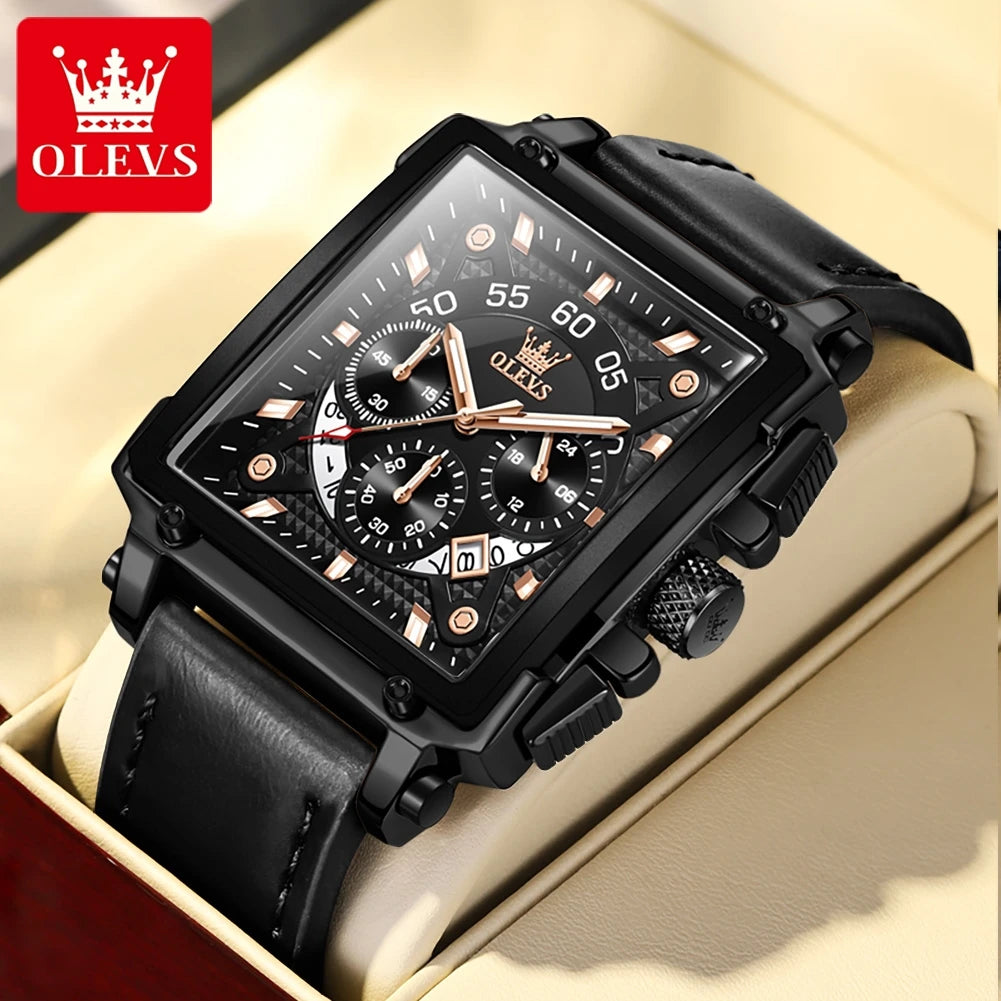 OLEVS 9919 Chronograph Multifunctional Quartz Men's Watch Leather strap 45MM Square Big Dial Leisure Sports TOP Brand Male Watch