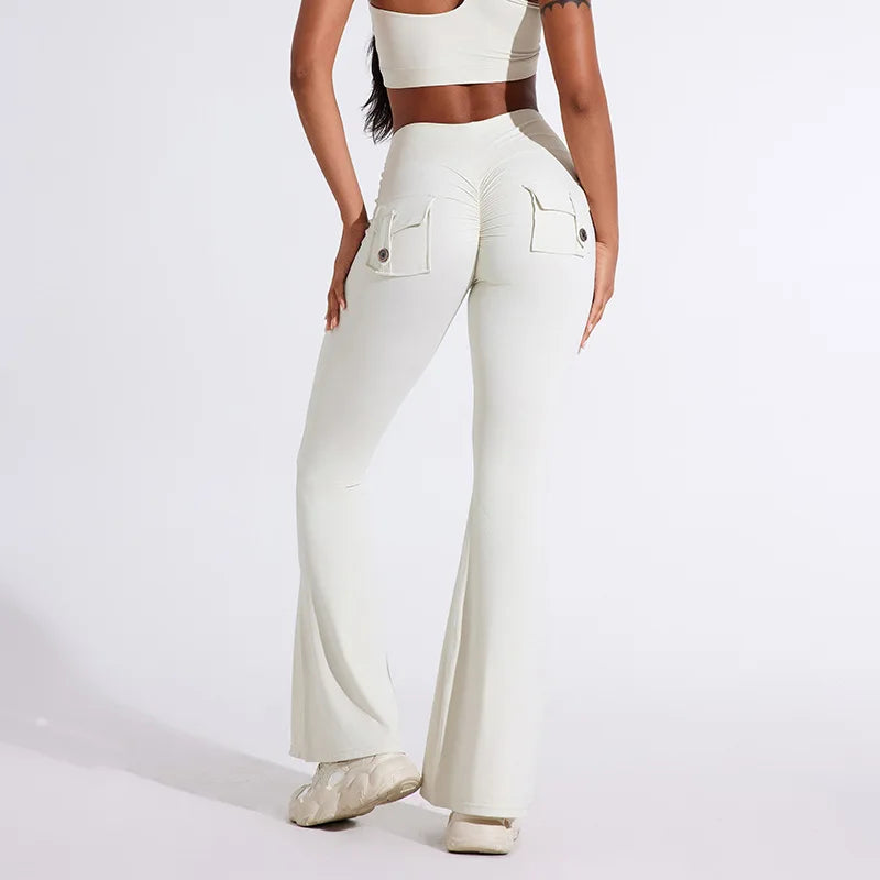 Workwear Pocket Pants, Women's Peach Bell Bottom Pants, Hip Lifting Sports Leggings, Fitness Pants, Micro Bell Bottom Pants