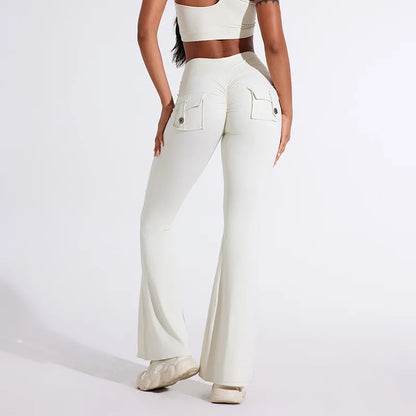 Workwear Pocket Pants, Women's Peach Bell Bottom Pants, Hip Lifting Sports Leggings, Fitness Pants, Micro Bell Bottom Pants