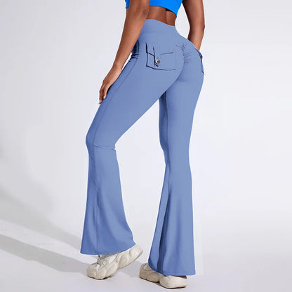 Workwear Pocket Pants, Women's Peach Bell Bottom Pants, Hip Lifting Sports Leggings, Fitness Pants, Micro Bell Bottom Pants