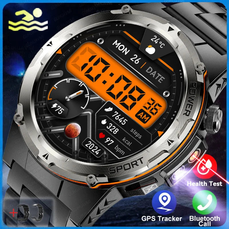2024 New Military Smartwatch IP68 Waterproof outdoor Sports Fitness tracker health monitor BT call 365nm UV+ infrared