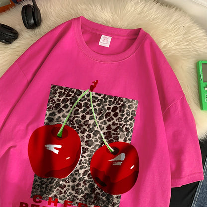 Cherry perfection T Shirt Women Leopard Prints Oversize Cotton T-Shirts Casual O-Neck Short Sleeve Tops Summer Woman Clothes