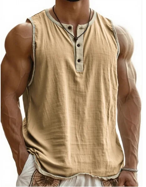 Summer 2025 Men's Fashion Cotton Sleeveless Fitness Casual Vest Color Block Trendy Button Decorated Loose Fit Sweat Wicking