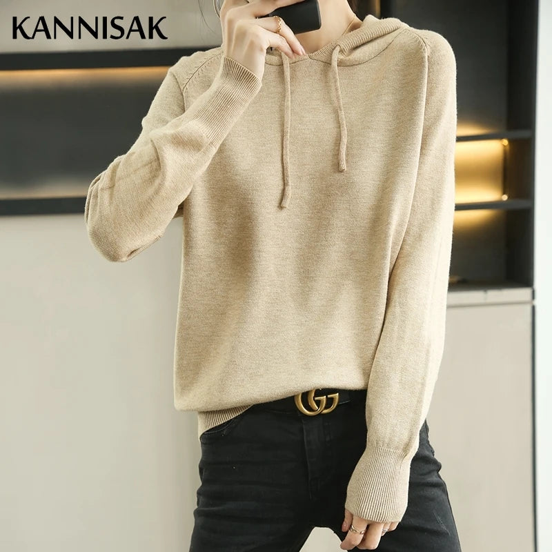 Women Sweater 2025 Autumn Winter Hooded Pullovers Long Sleeve Bottoming Shirts Loose Knitted Jumpers Solid Casual Ladies Sweater