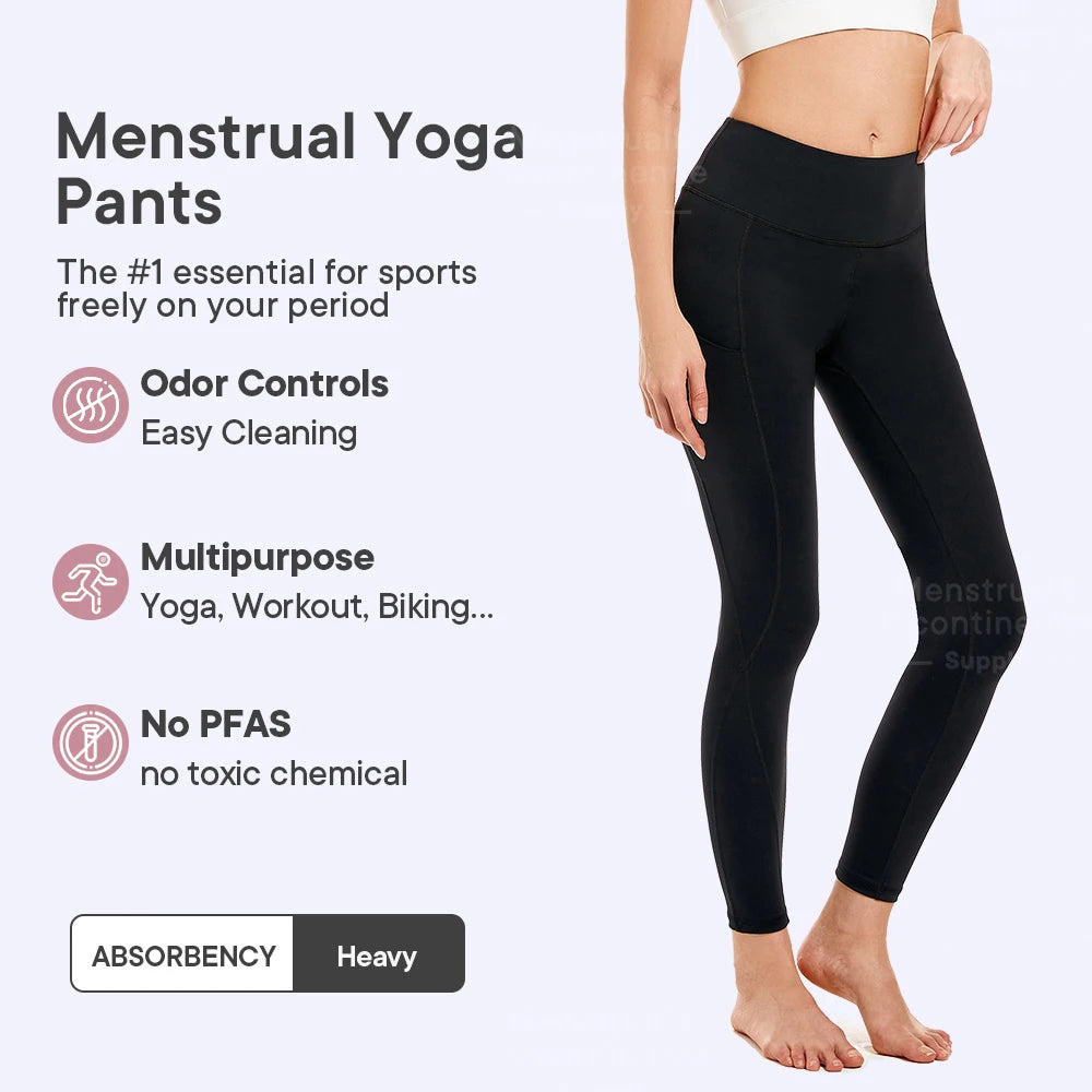 Women Period Yoga Pants with Pockets High Waist Leakproof Elastic Soft Menstrual Leggings for Workout Running Yoga