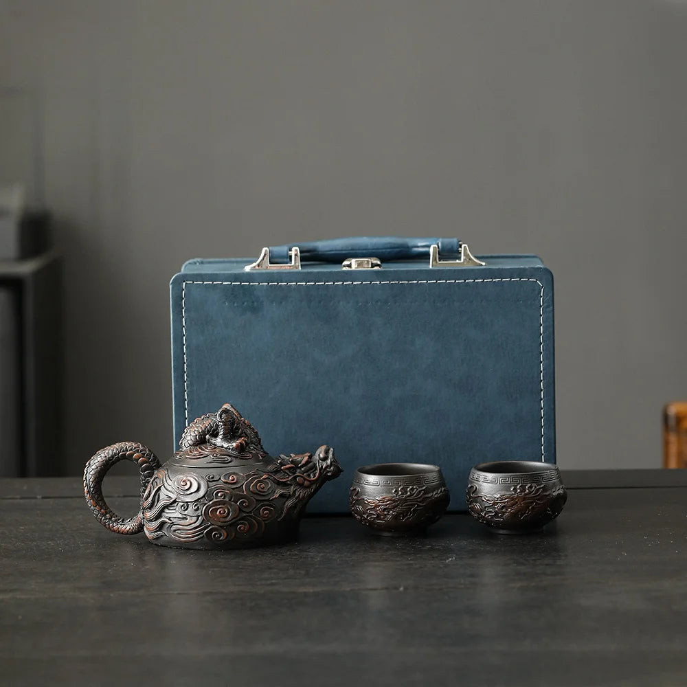 Jianshui Clay Purple Pottery Carving Dragon Teapot Hand Painted Antique Relief Teapot Household Teapot Kungfu Tea Set Kettle