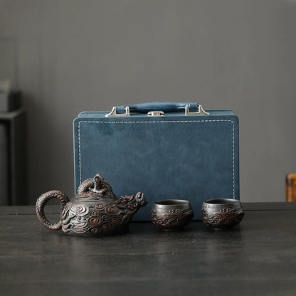 Jianshui Clay Purple Pottery Carving Dragon Teapot Hand Painted Antique Relief Teapot Household Teapot Kungfu Tea Set Kettle