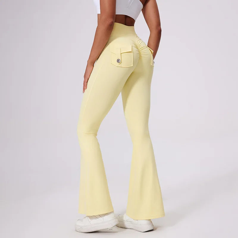 Workwear Pocket Pants, Women's Peach Bell Bottom Pants, Hip Lifting Sports Leggings, Fitness Pants, Micro Bell Bottom Pants