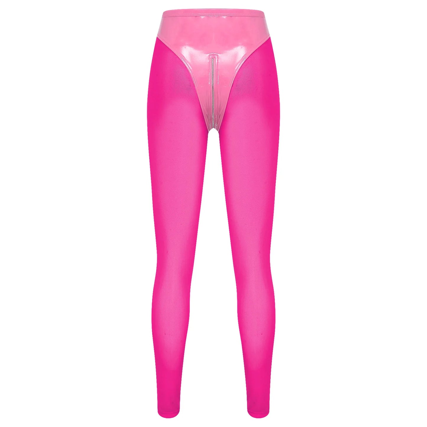 Women Y2K Style Glossy Red Skinny Tights Pants Leggings Glossy PU Leather Zipper Crotch Sheer Mesh Legs Patchwork Tights Pants