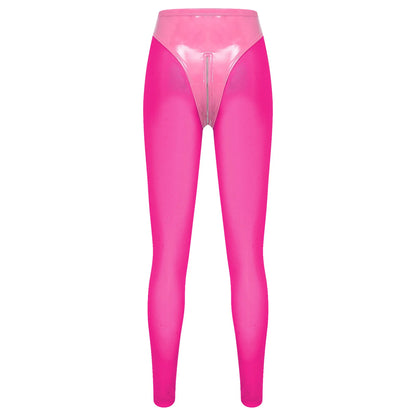 Women Y2K Style Glossy Red Skinny Tights Pants Leggings Glossy PU Leather Zipper Crotch Sheer Mesh Legs Patchwork Tights Pants