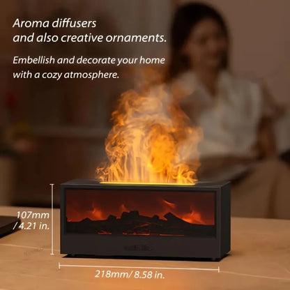 Simulated 3D flame aroma diffuser and humidifier, featuring colorful ambient lighting, remote control, and sonic technology