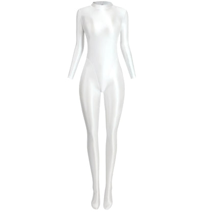 MJINM Glitter Shiny Satin High Stretch V-crotch Longsleeve Back Zipper Yoga Fitness Jumpsuit Bodysuit Playsuit Catsuit Homewear