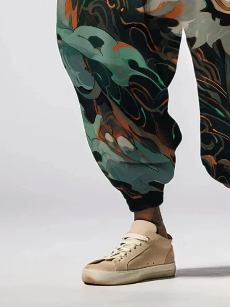 Fashion Men's Long Trousers Holiday Abstract Dragon Pattern Print Loose Drawstring Waist Sweatpants Oversized Autumn Bottoms