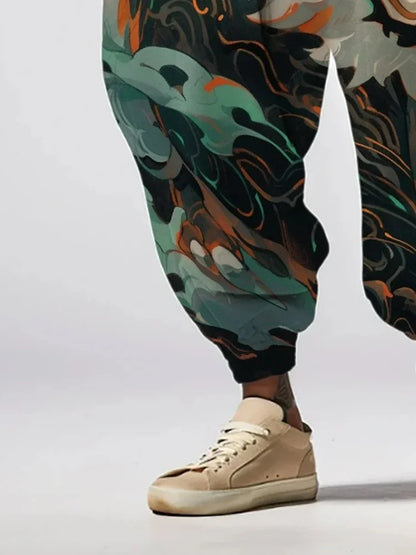 Fashion Men's Long Trousers Holiday Abstract Dragon Pattern Print Loose Drawstring Waist Sweatpants Oversized Autumn Bottoms