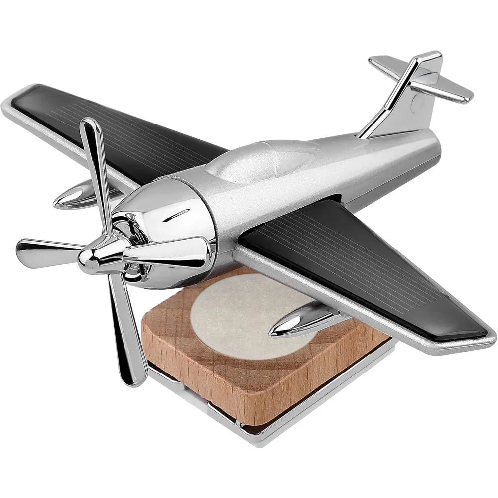  ﻿ Alloy Solar Airplane Car Diffuser Wooden Base Fragrance Diffuser Energy Rotate Airplane Ornaments for Car Office Home Decor