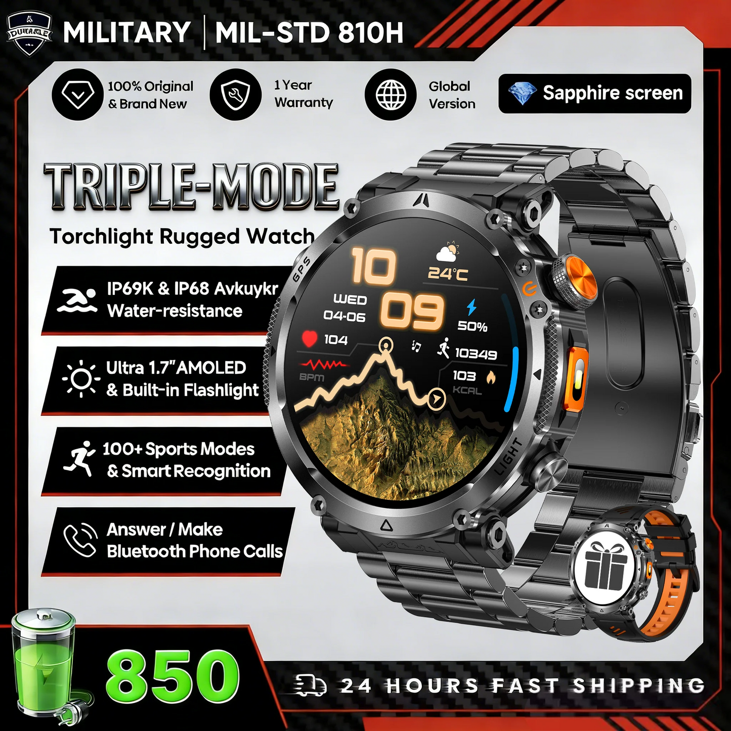 2026 New Military GPS Sports Smart Watch Men Compass 3ATM Waterproof Swim Fitness Tracker AMOLED HD SmartWatches 850Mah Battery
