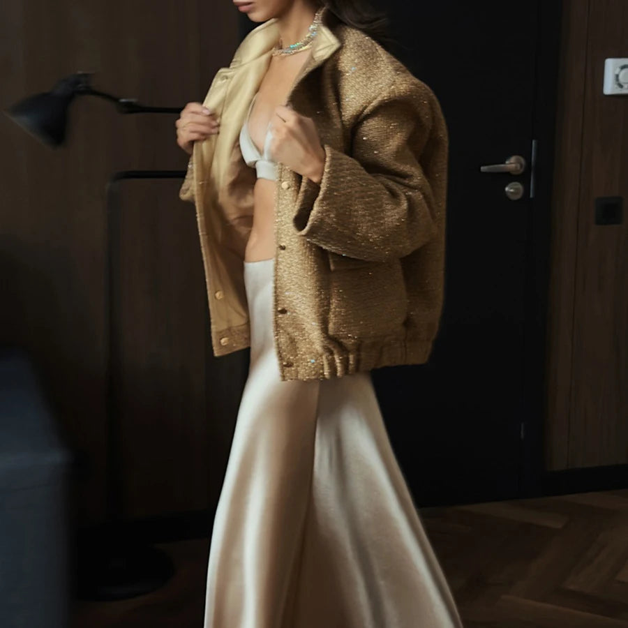 2025 Women Spring Vintage Sequins Jacket Coat Fashion Women Stand Collar Loose Style Jacket Femme Streetwear Tops Clothes