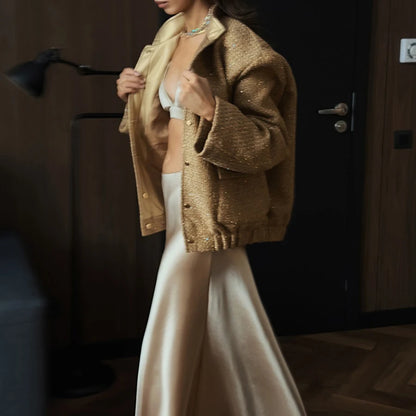 2025 Women Spring Vintage Sequins Jacket Coat Fashion Women Stand Collar Loose Style Jacket Femme Streetwear Tops Clothes