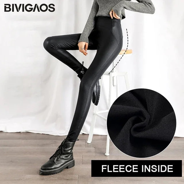 Autumn Winter Black Fleece Matte Leather Leggings Women High Waist  Sexy Motorcycle Pants Slim Skinny Warm Leggings