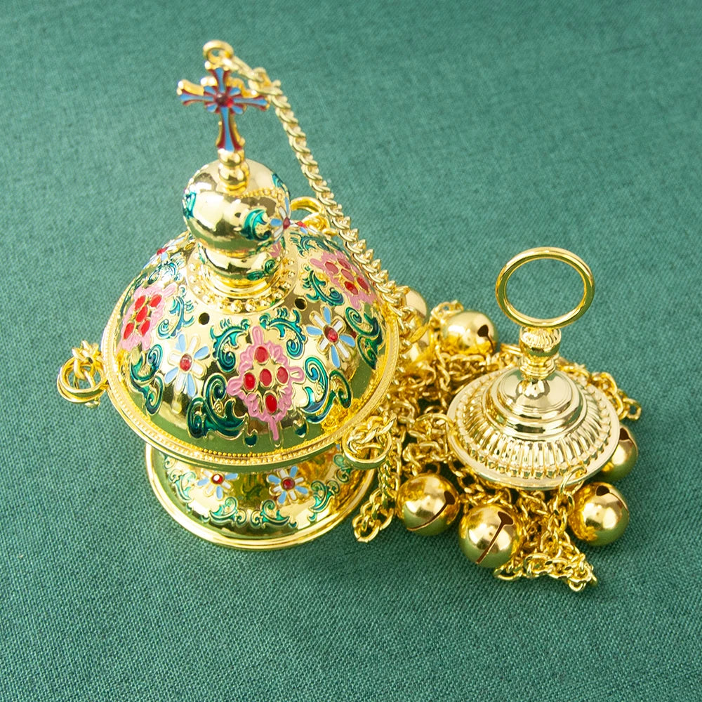 HTISOK Orthodox Incense Burner Gold Plated Censer with Enamel Home Hanging Incense Charcoal Burner Church Sacrificial Supplies