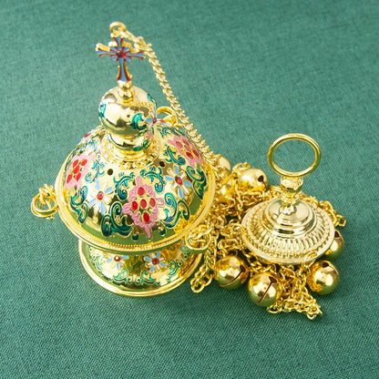 HTISOK Orthodox Incense Burner Gold Plated Censer with Enamel Home Hanging Incense Charcoal Burner Church Sacrificial Supplies