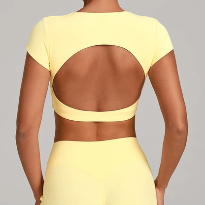 Hollow Backless Short Sleeve Sporty Slim T-shirt Women Crop Top Breathable Quick Dry Gym Workout Top Sport Shirt Fitness Clothes