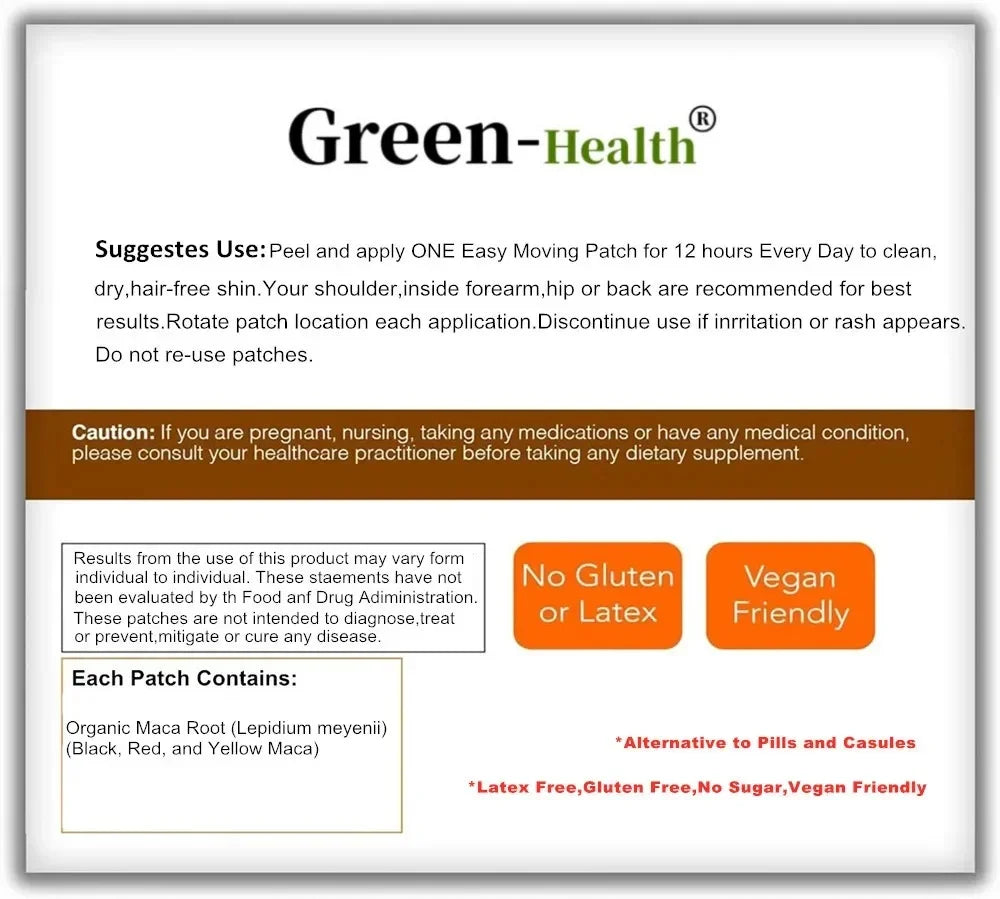 Organic Maca Root Transdermal Patches with Black + Red + Yellow Peruvian Maca Root Extract for Men and Women 30 Patches