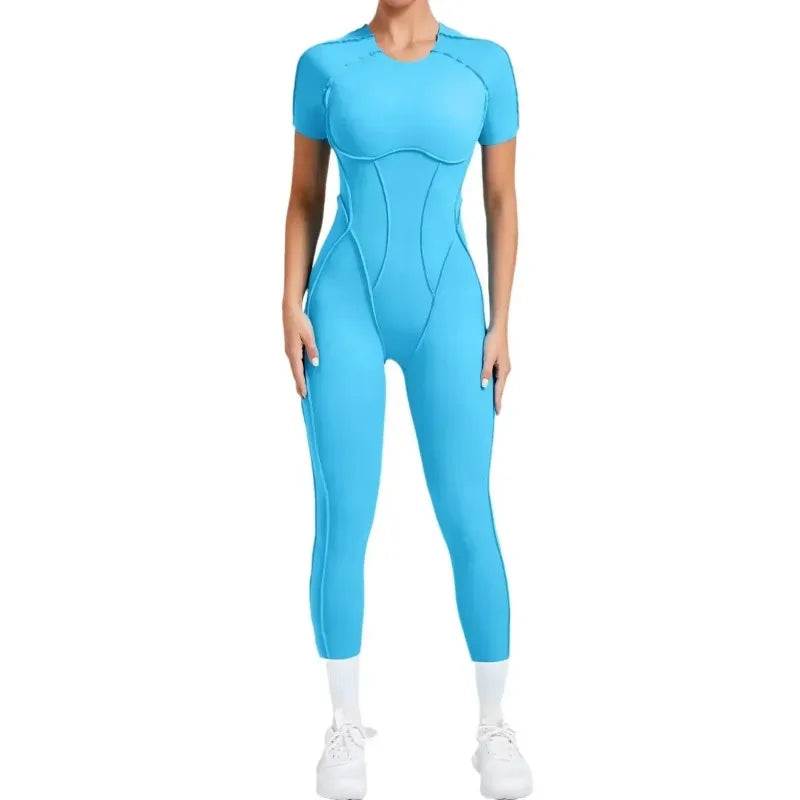 Seamless Yoga Jumpsuits Sports Fitness Combination Hip-lifting Open Back Short-sleeved Set Outdoors Gym Workout Tracksuits Women