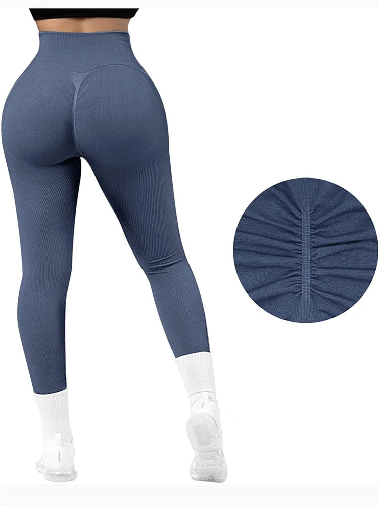 Sexy Ribbed Women Leggings Push Up Tummy Control Fitness Legging Slim High Waist Leggins Booty Lifting Seamless Fitness Tights