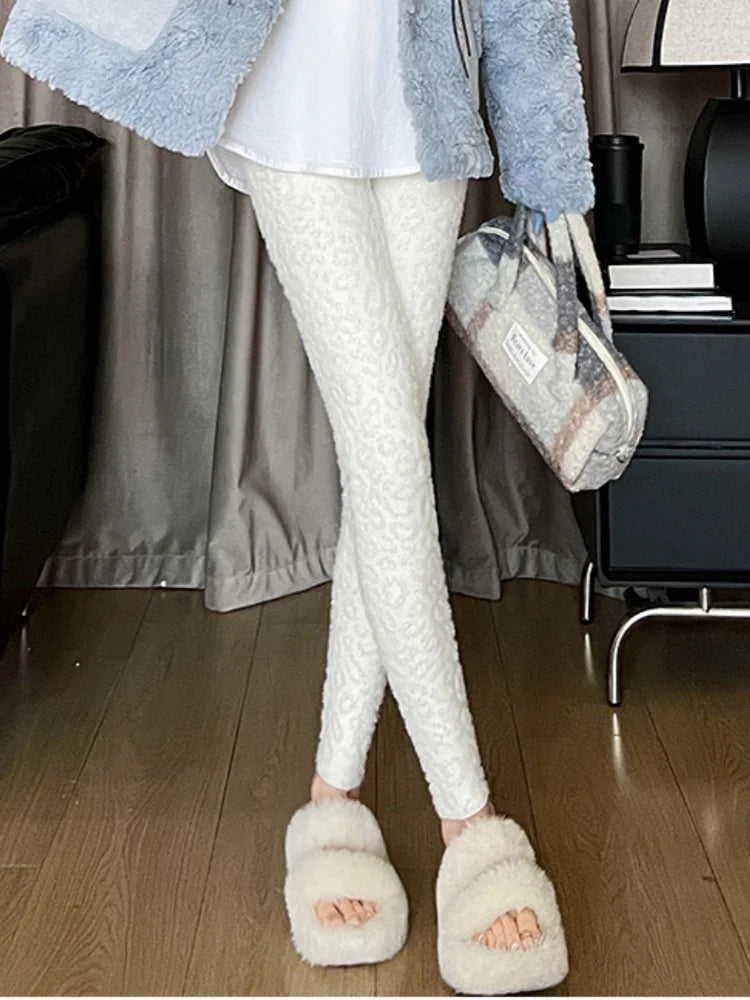 SMTHMA Winter Thick Leopard Print Mink Fleece Leggings For Women's Keeping Warm High Waisted Elastic Slimming Small Leg Pants