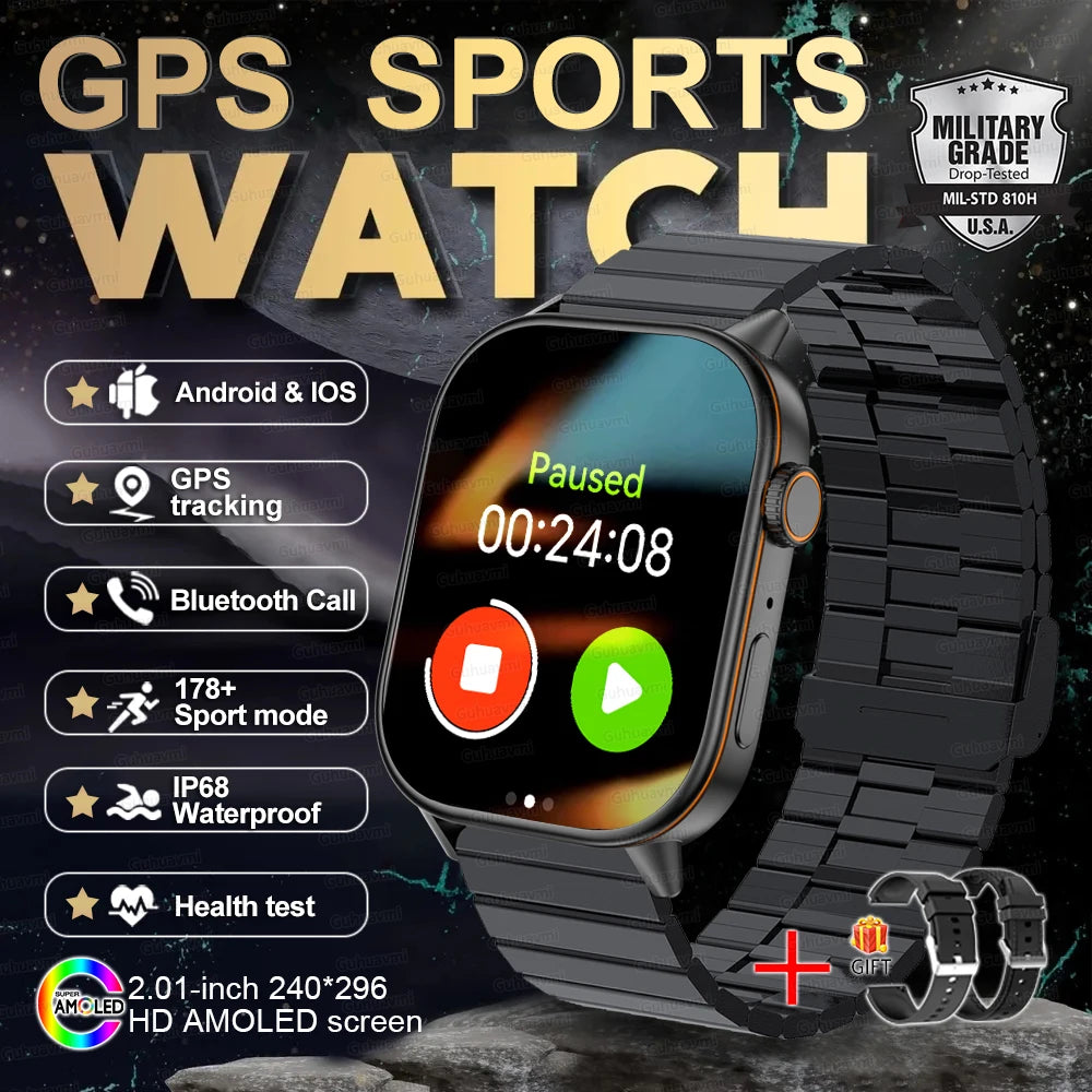 2025 New Outdoor Military GPS Smart Watch 2.01-inch AMOLED Screen BT Call 178+ Sport Mode IP68 Waterproof Smartwatches Man Women