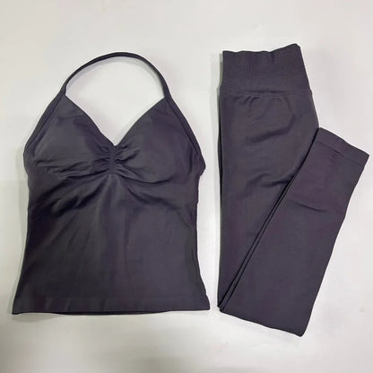 2Pcs Gym Set Women Backless Tank Tops High Waist Scrunch Seamless Shorts Gym Suit Fitness Clothes Activewear Workout Set