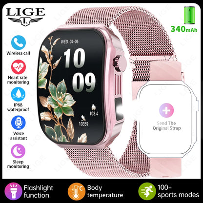 LIGE New 2.2-inch 3D Curved Screen Smart Watch With LED Light Thermometer Health Monitor Smartwatch BT Call Sports Fitness Watch