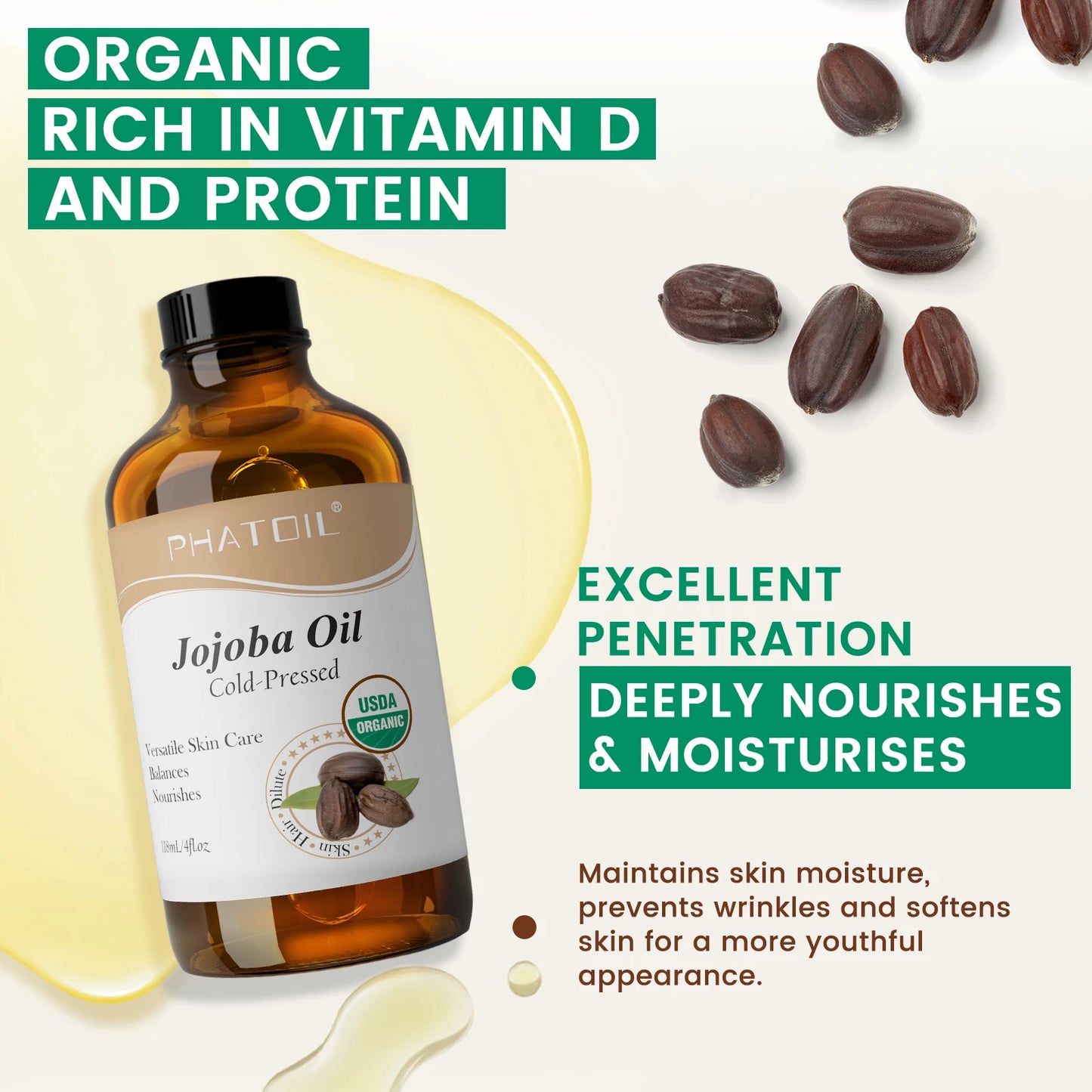 PHATOIL 118ml Organic Face Oil Natural Cold Pressed USDA Carrier Oils- Castor Oil,Jojoba,Moroccan Argan Oil,Rosehip Seed Oil