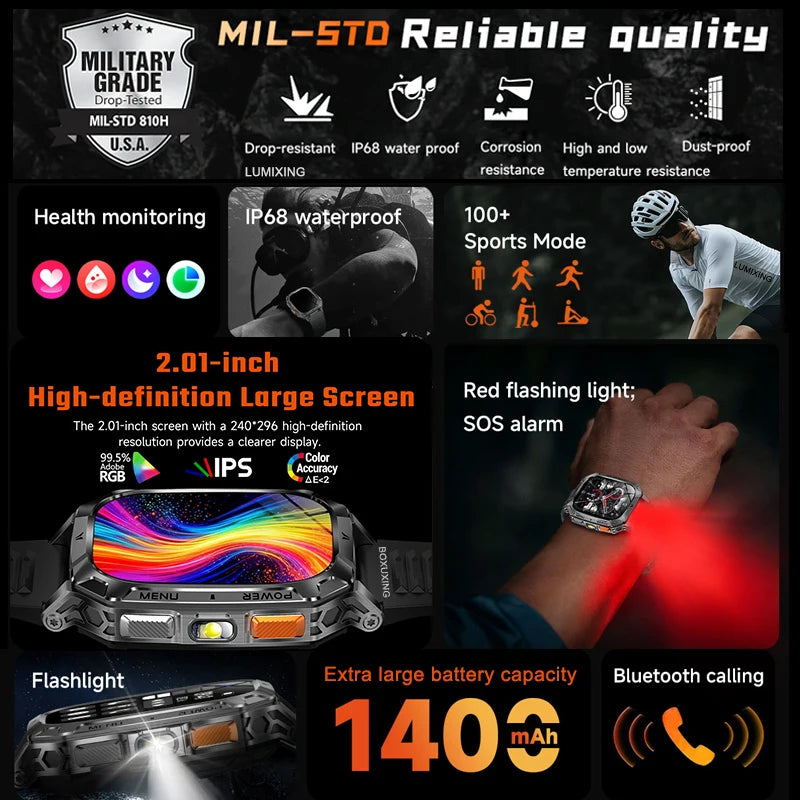 2026 New 1400 mAh Battery Military Grade Smart Watch Men IP68 Waterproof 100+ Sports Modes Bluetooth Call AMOLED HD Smartwatches