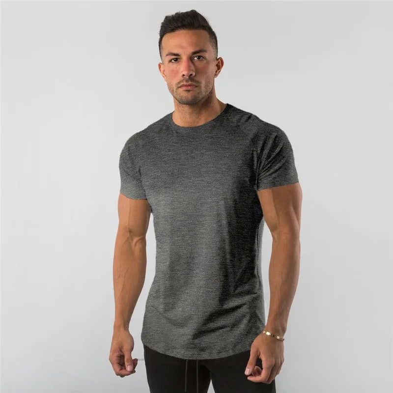 Men's T-shirt European Summer Fitness Sports Solid Cotton Elasticity Active Short-sleeved T-shirt Large Size M-2XL