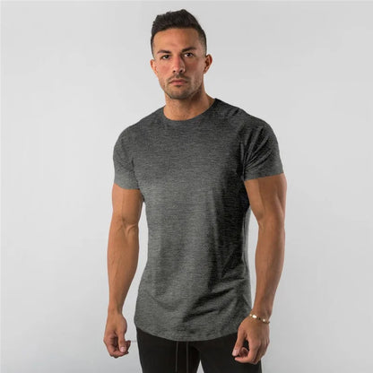 Men's T-shirt European Summer Fitness Sports Solid Cotton Elasticity Active Short-sleeved T-shirt Large Size M-2XL