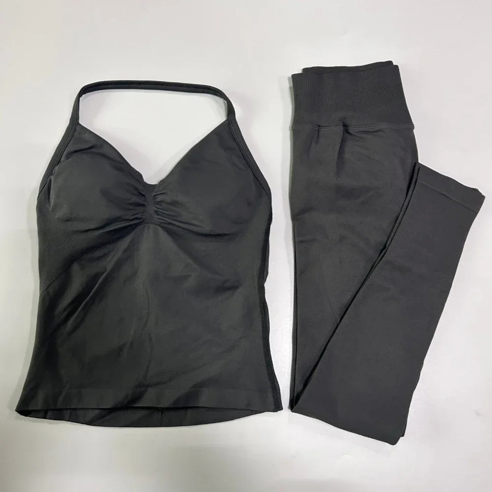 2Pcs Gym Set Women Backless Tank Tops High Waist Scrunch Seamless Shorts Gym Suit Fitness Clothes Activewear Workout Set