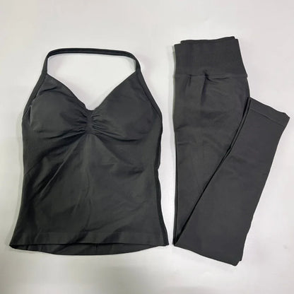 2Pcs Gym Set Women Backless Tank Tops High Waist Scrunch Seamless Shorts Gym Suit Fitness Clothes Activewear Workout Set
