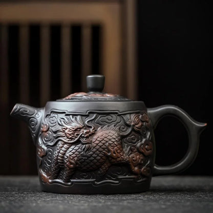 Jianshui Clay Purple Pottery Carving Dragon Teapot Hand Painted Antique Relief Teapot Household Teapot Kungfu Tea Set Kettle