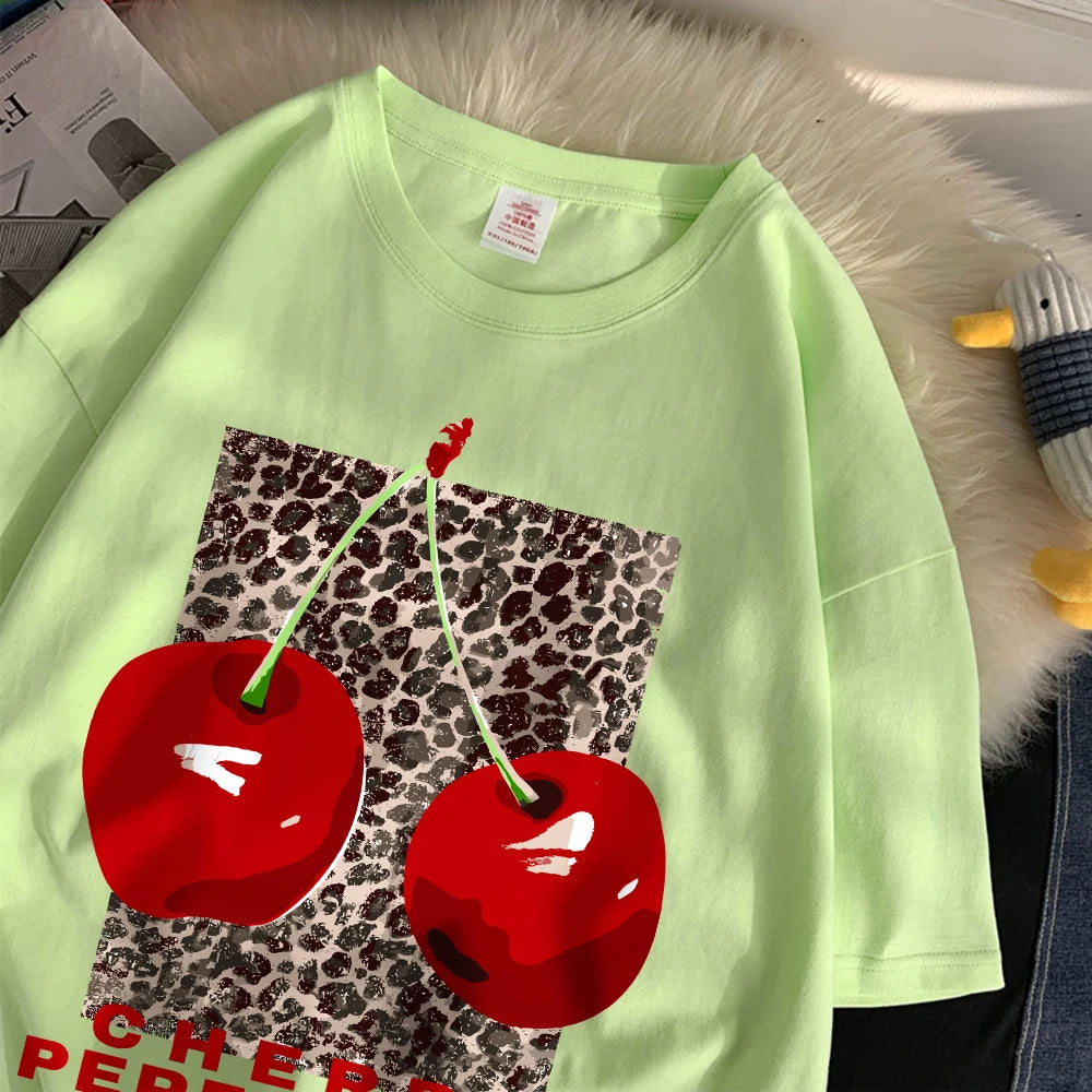 Cherry perfection T Shirt Women Leopard Prints Oversize Cotton T-Shirts Casual O-Neck Short Sleeve Tops Summer Woman Clothes