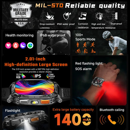 Rugged Military Smart Watch 1400mAh Battery Fitness Tracking IP68 Waterproof Tactical Sports Flashlight 2026 New Men Smartwatch
